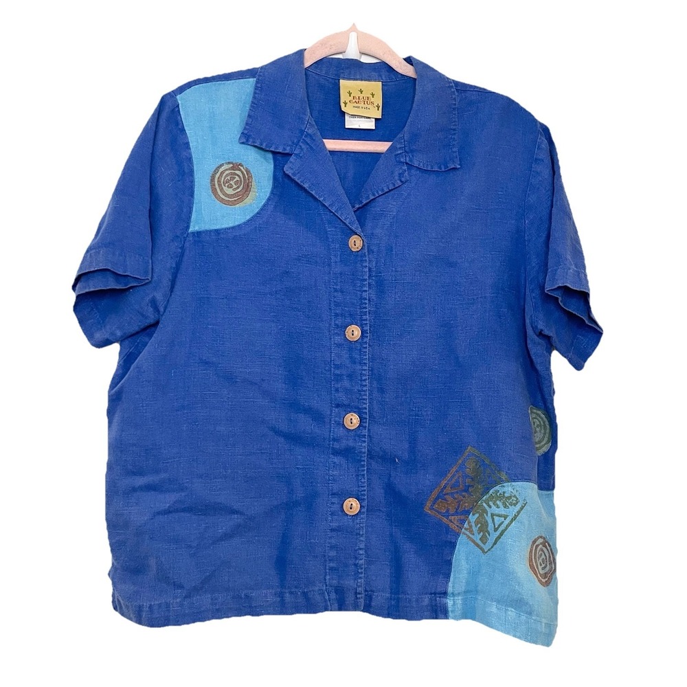Blue Cactus Tribal Southwestern 100% Linen Button Down Shirt Short Sleeve Artsy